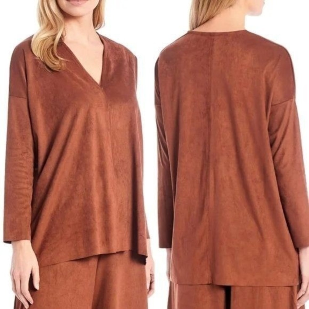 NWT Bryn Walker Long Sleeve V-Neck Top Faux Suede Sequoia Brown Size Large $135